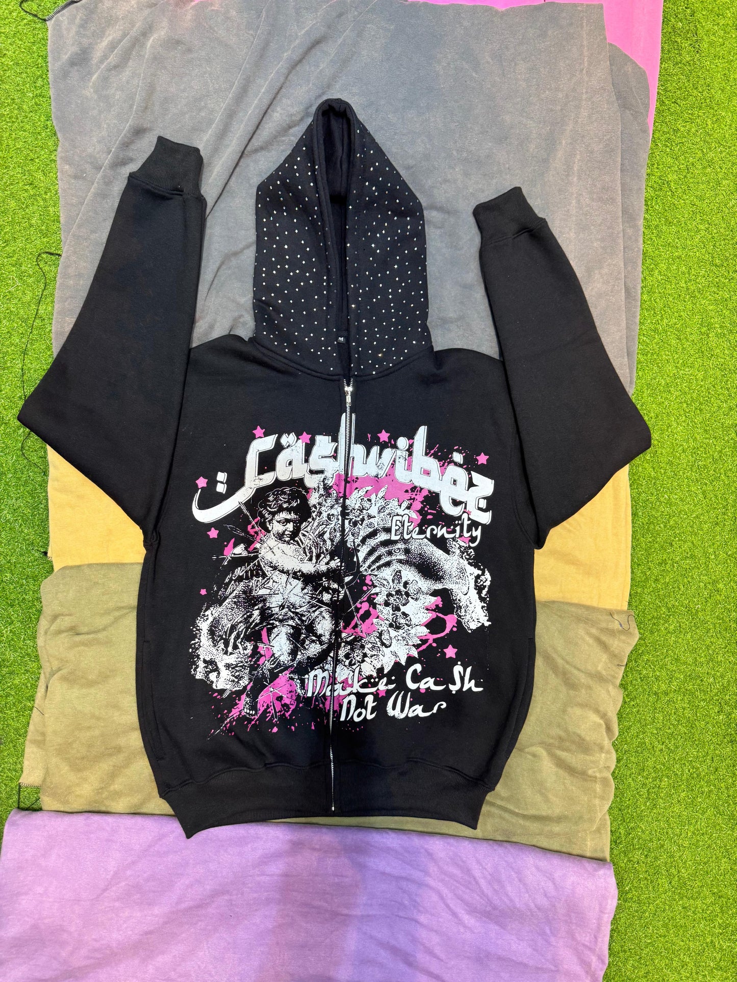 Custom Zip Up Hoodies With Screen Print & Rhinestones