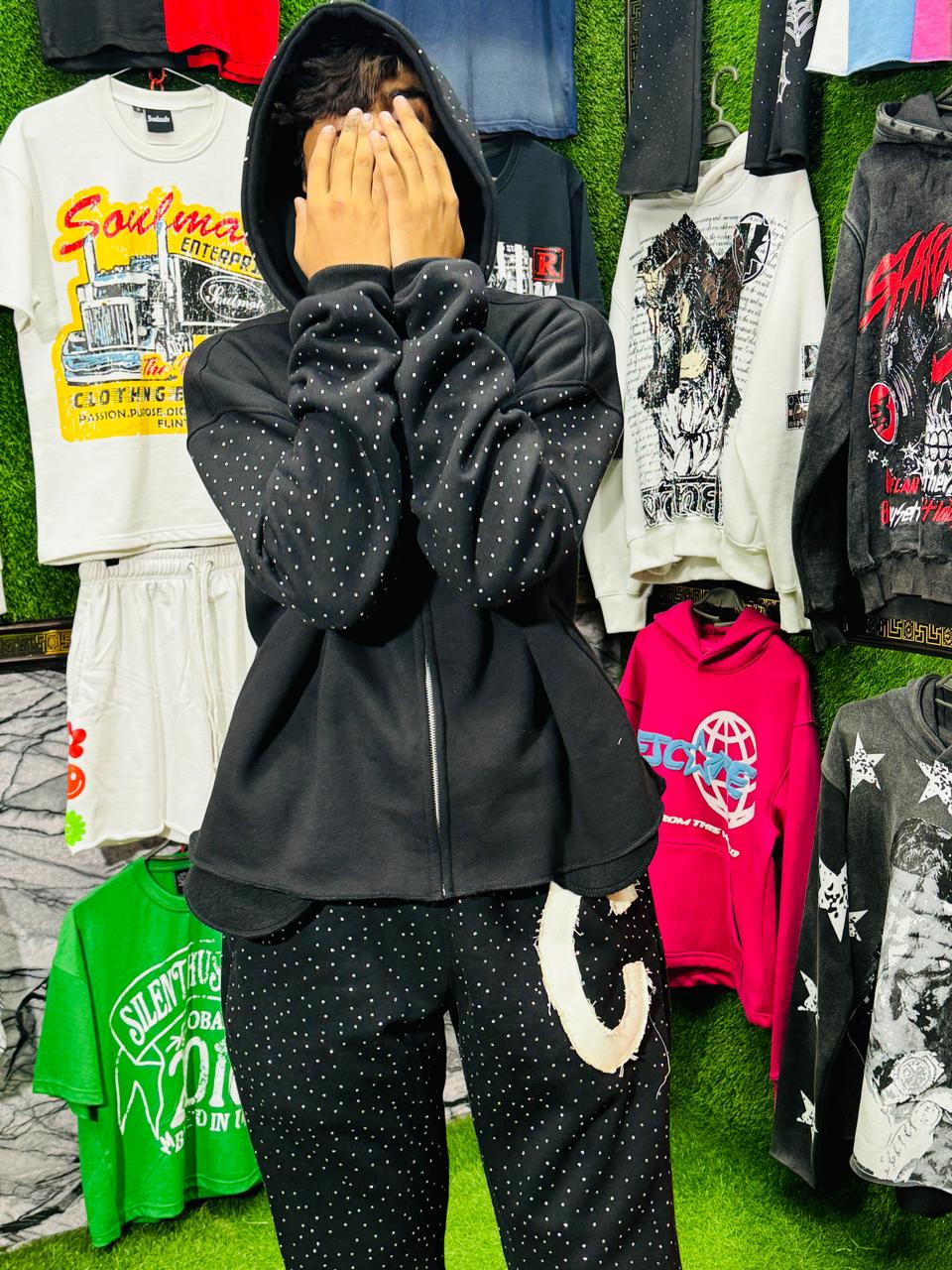 Rhinestones Cutted Bottom Hoodies and Pants