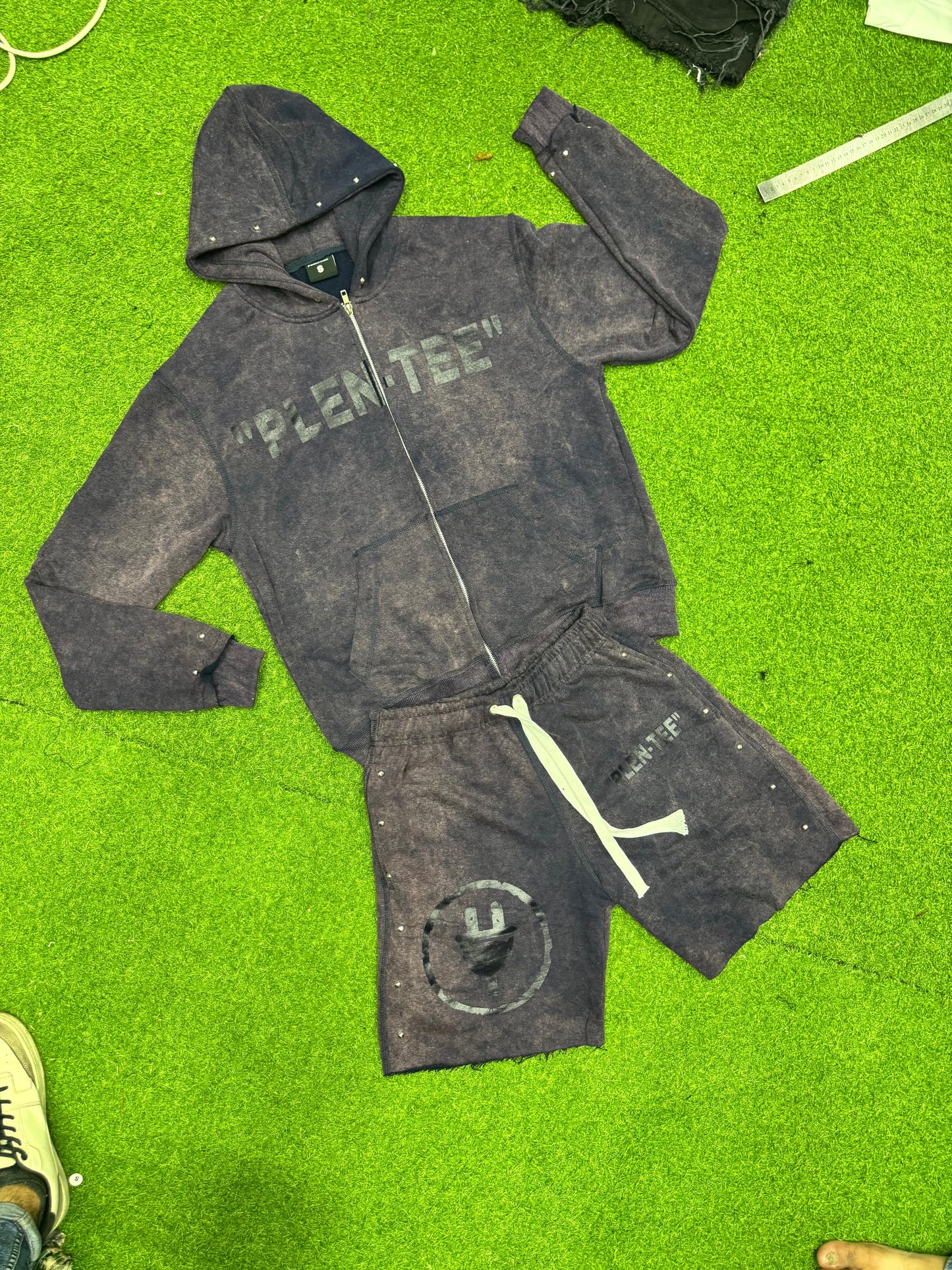 Mineral Wash Zip up Hoodies & Shorts Set