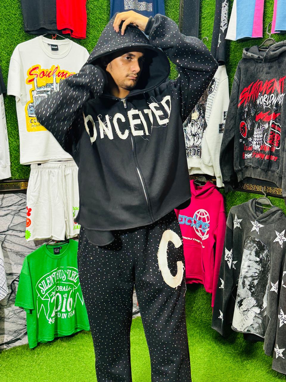 Rhinestones Cutted Bottom Hoodies and Pants