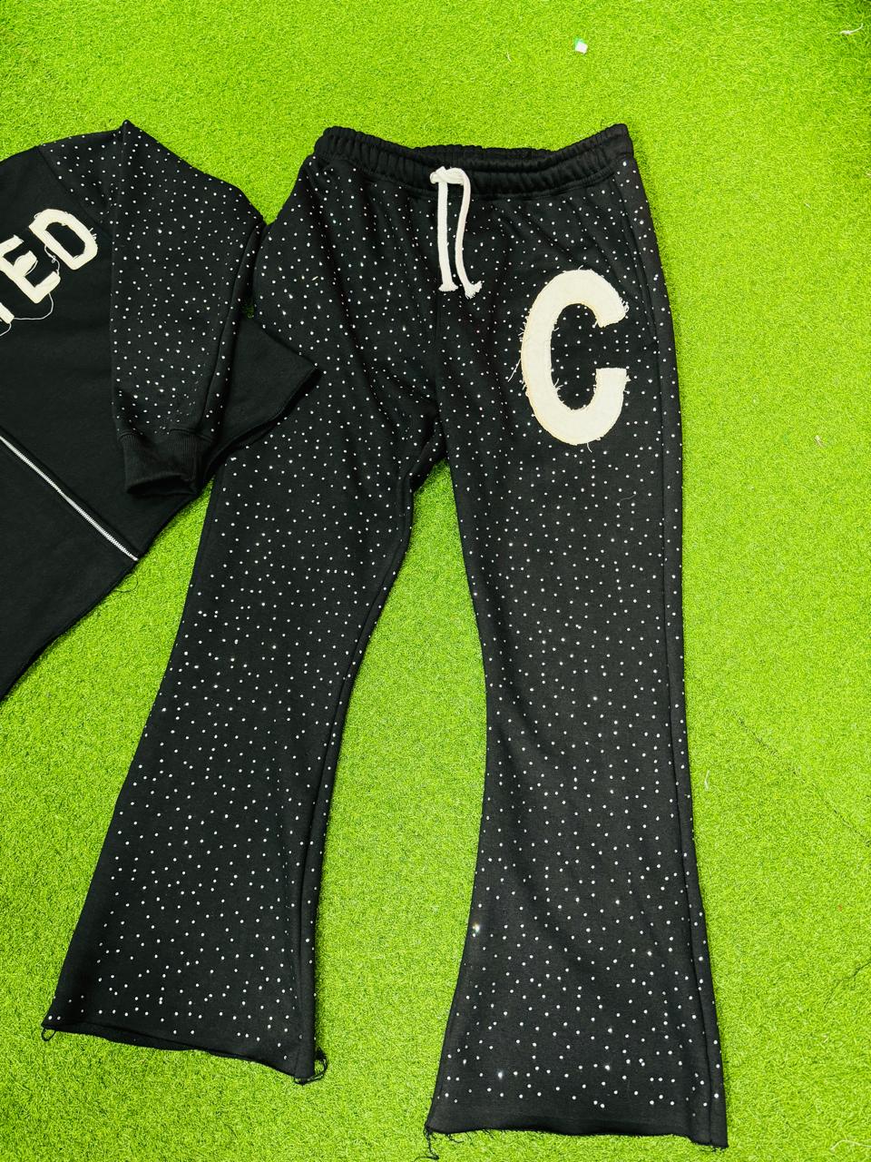 Rhinestones Cutted Bottom Hoodies and Pants