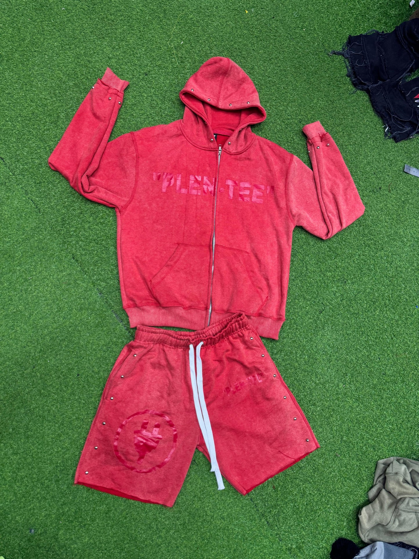 Mineral Wash Zip up Hoodies & Shorts Set