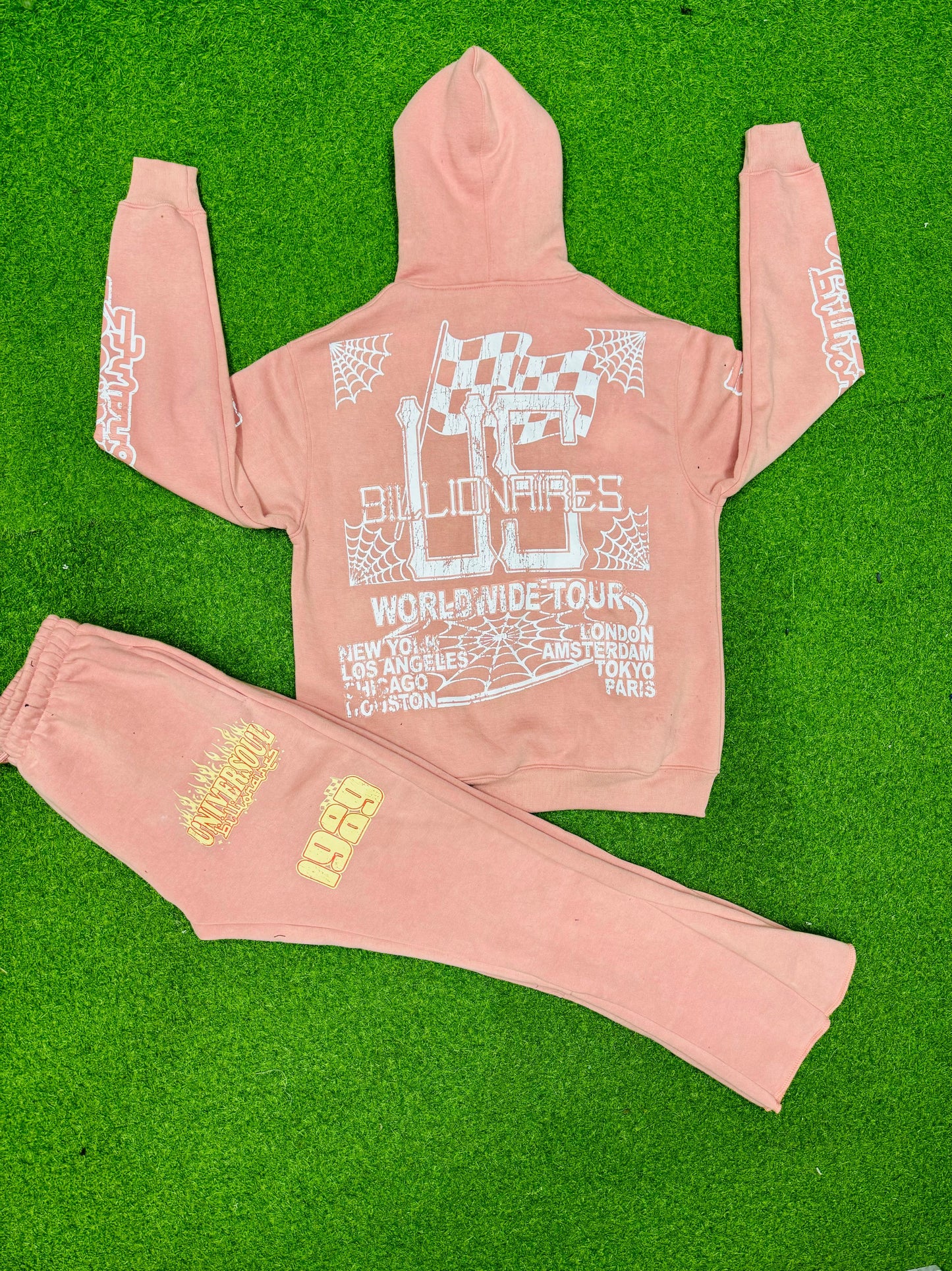 Acid Wash Hoodie & Flare Pants Sets With Screen printed Designs