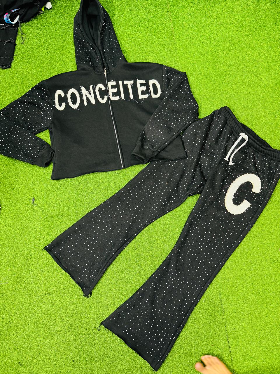 Rhinestones Cutted Bottom Hoodies and Pants