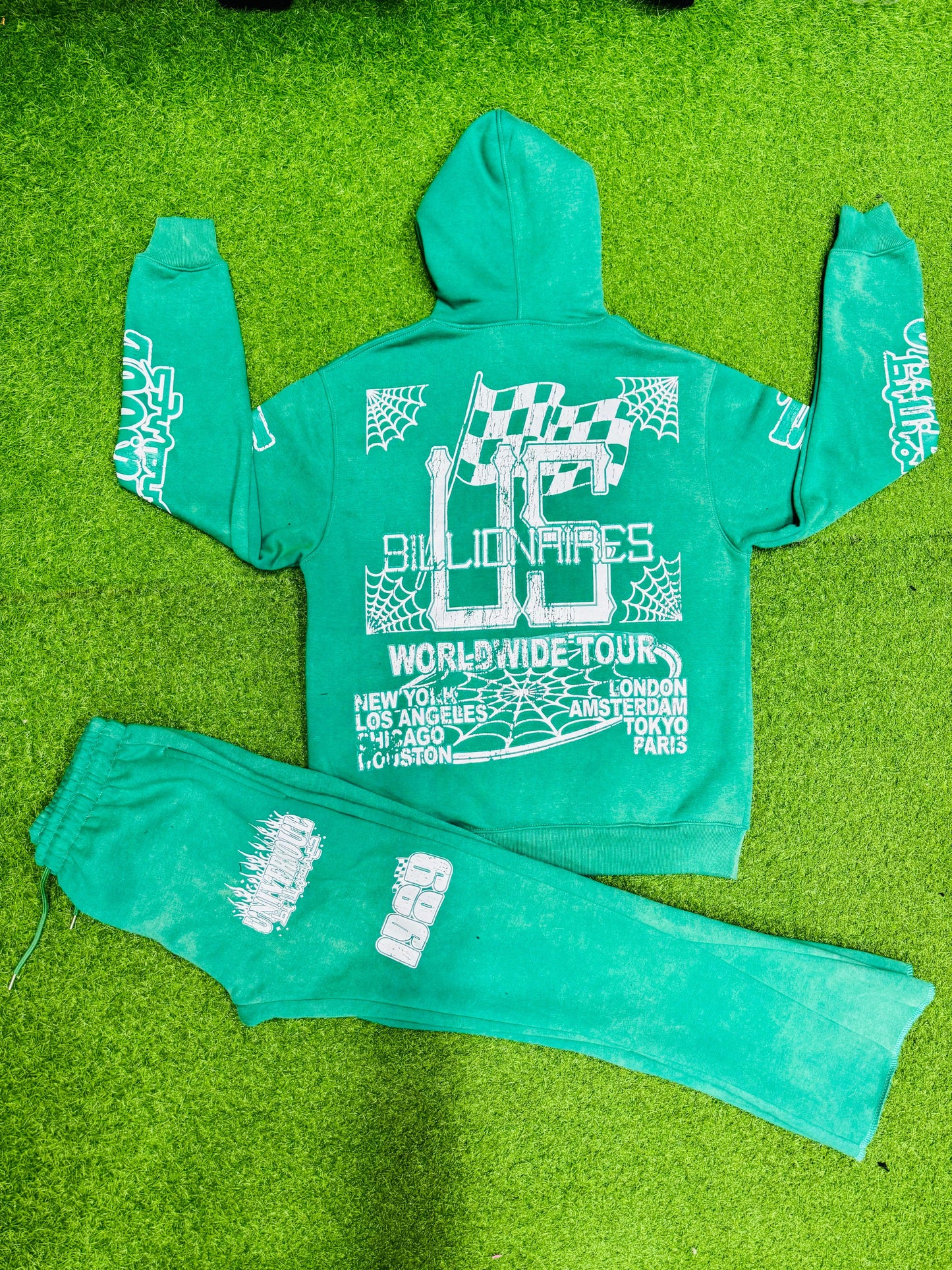 Acid Wash Hoodie & Flare Pants Sets With Screen printed Designs