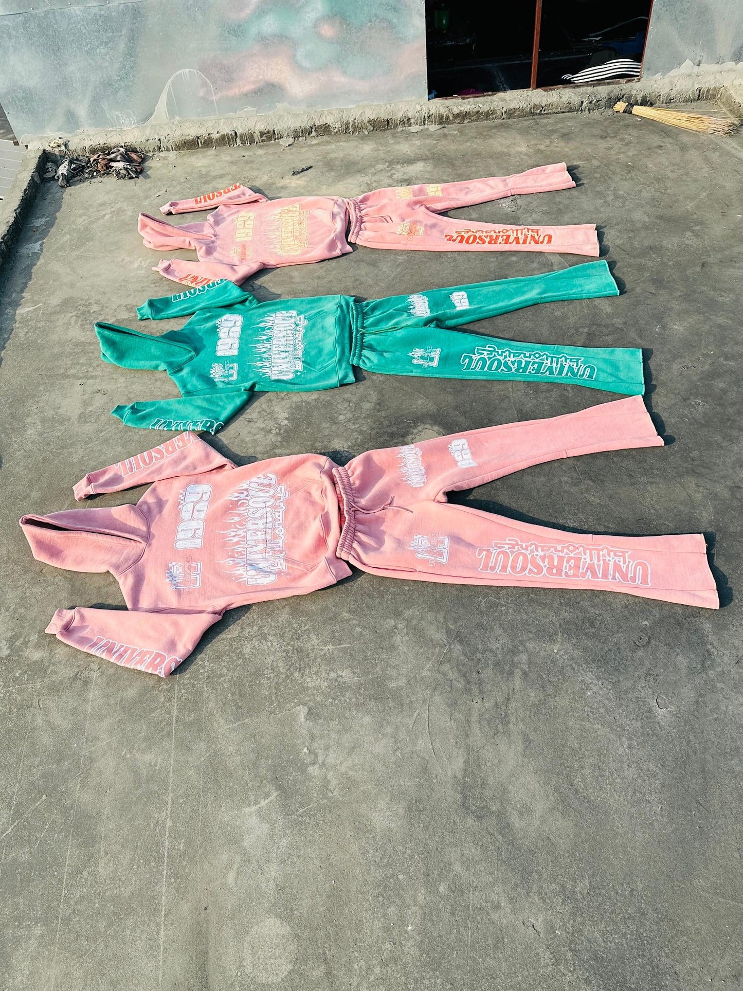 Acid Wash Hoodie & Flare Pants Sets With Screen printed Designs