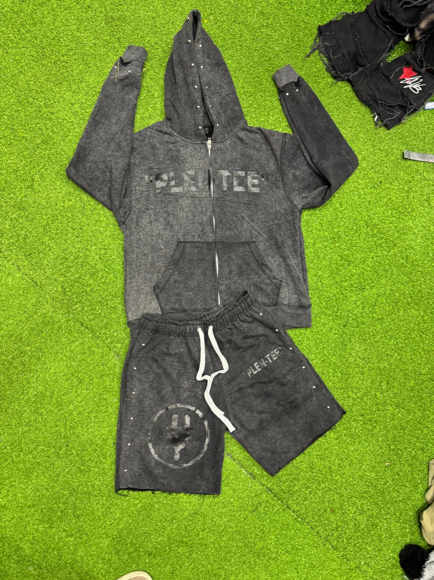 Mineral Wash Zip up Hoodies & Shorts Set