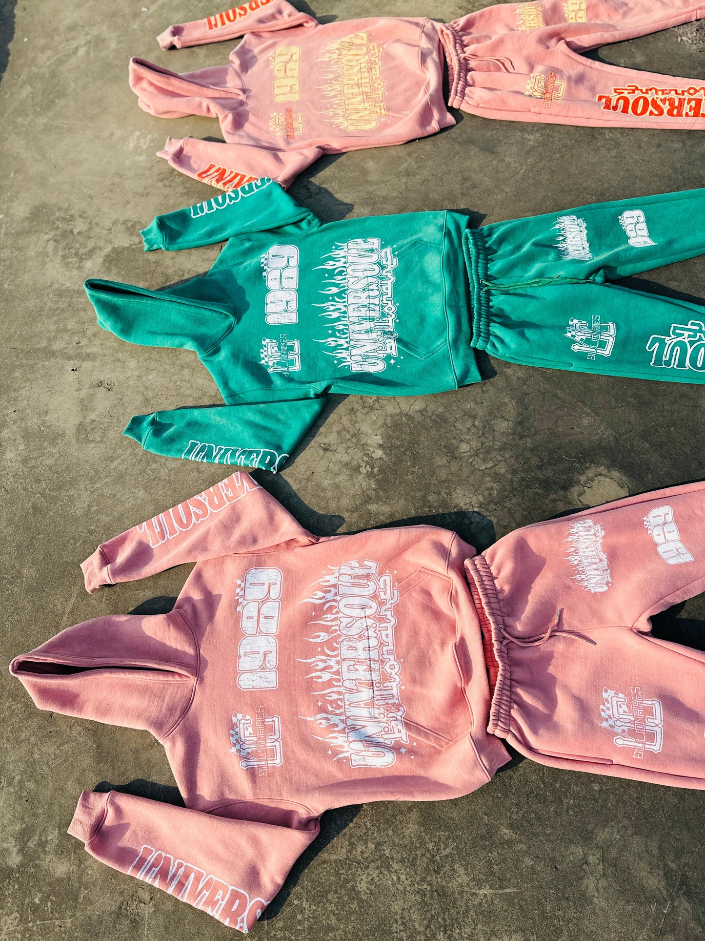 Acid Wash Hoodie & Flare Pants Sets With Screen printed Designs