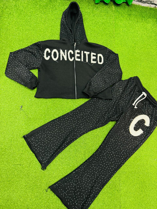Rhinestones Cutted Bottom Hoodies and Pants