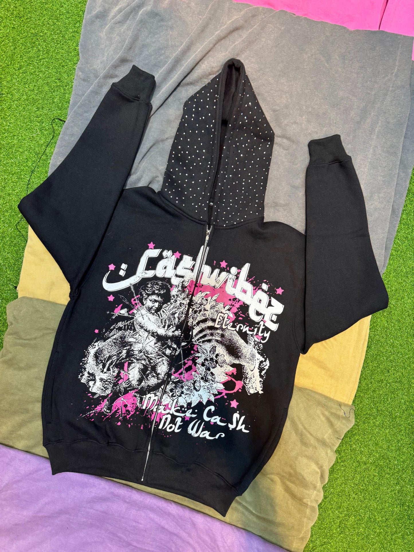 Custom Zip Up Hoodies With Screen Print & Rhinestones