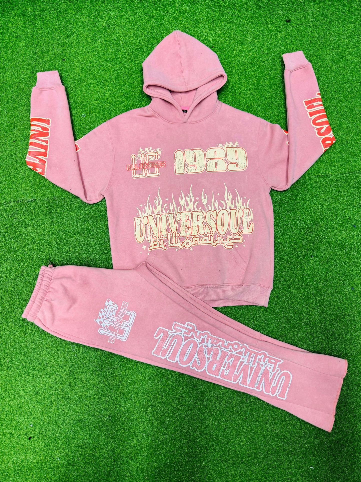 Acid Wash Hoodie & Flare Pants Sets With Screen printed Designs