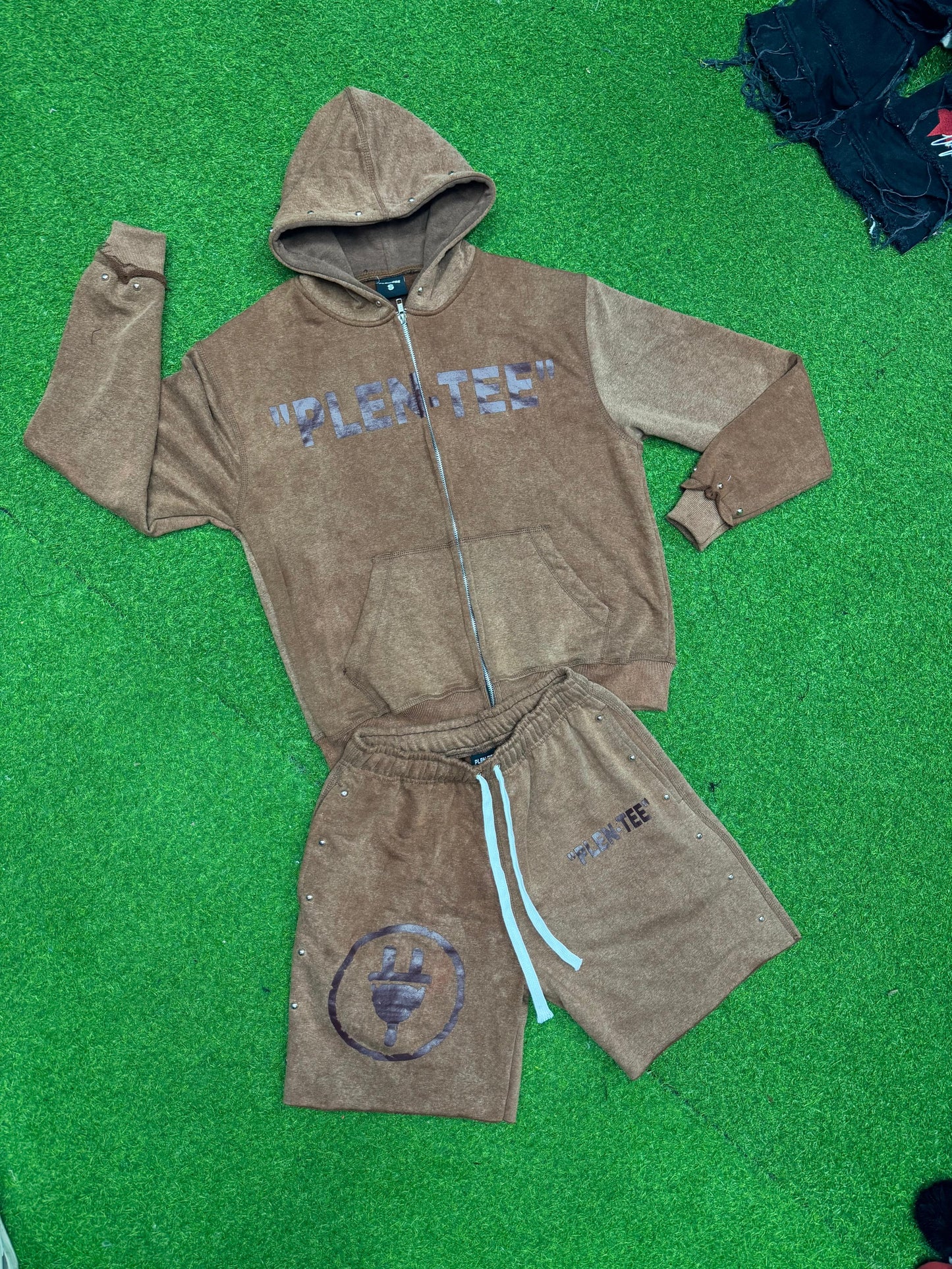 Mineral Wash Zip up Hoodies & Shorts Set