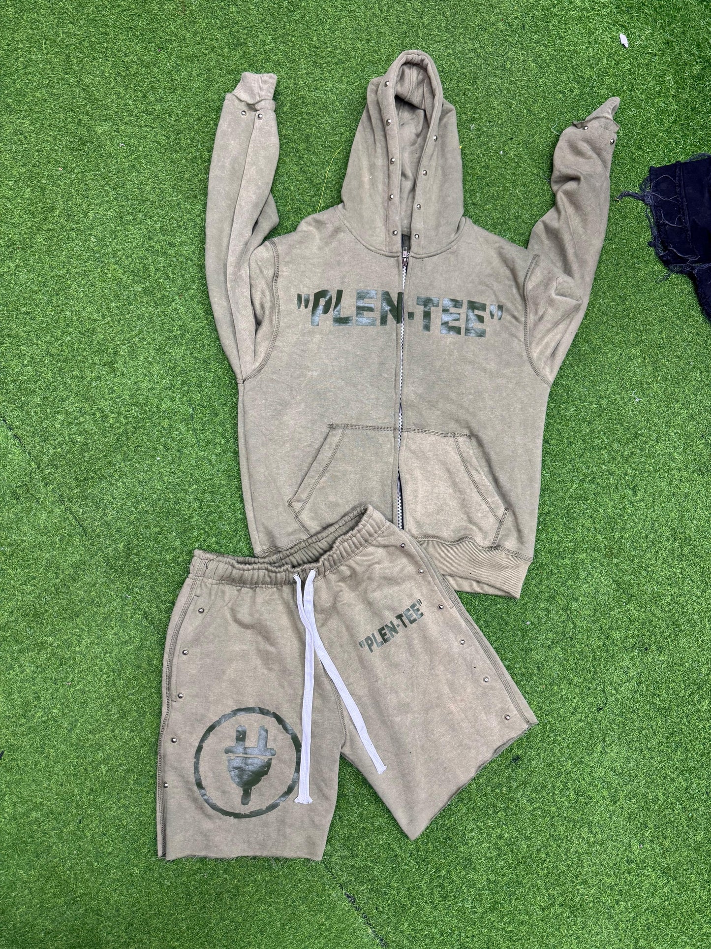 Mineral Wash Zip up Hoodies & Shorts Set