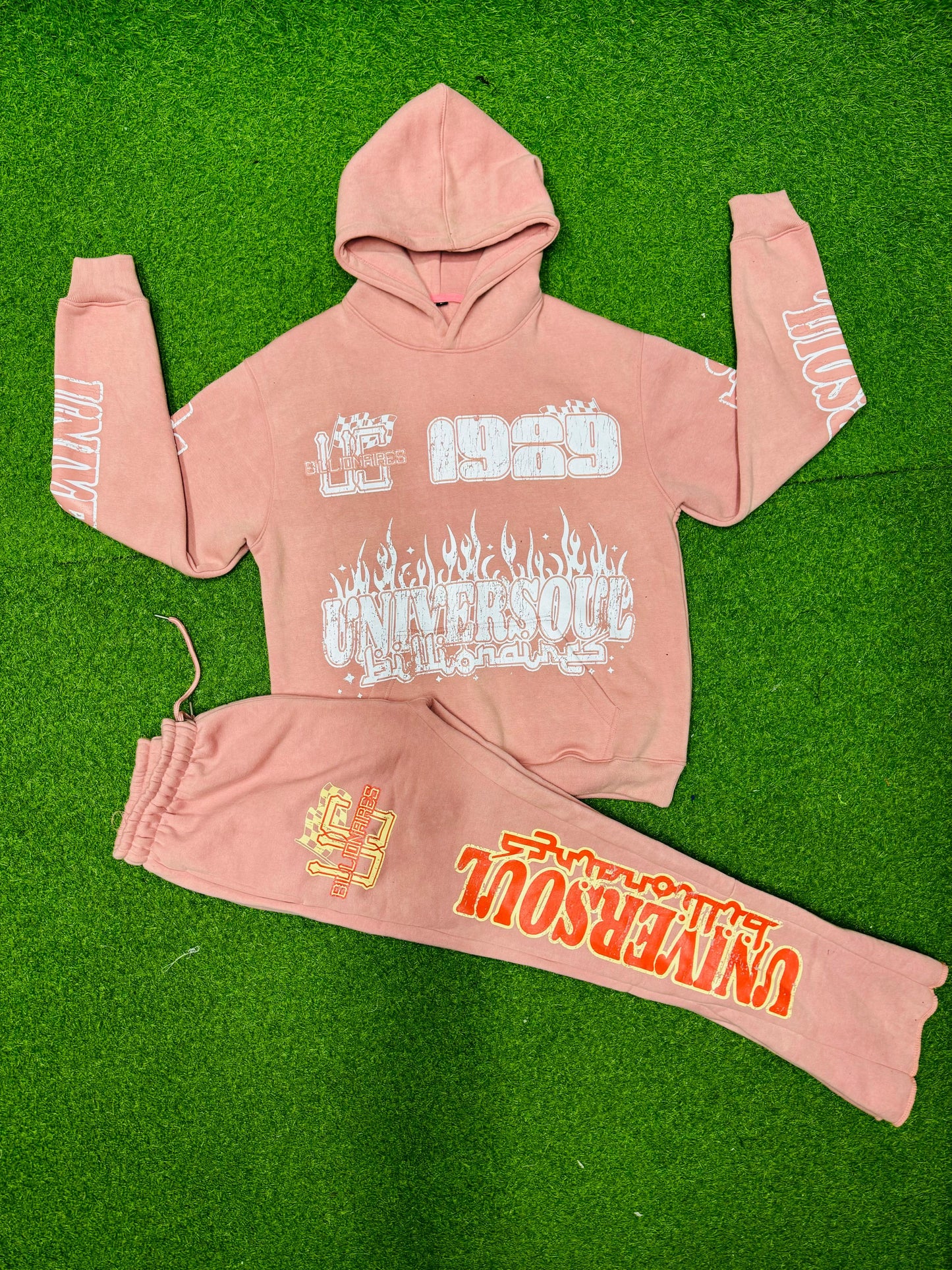 Acid Wash Hoodie & Flare Pants Sets With Screen printed Designs