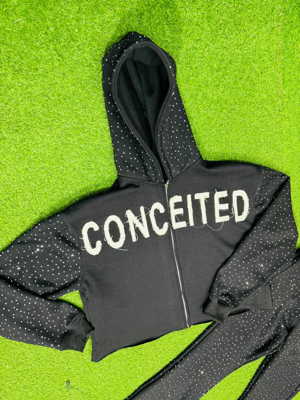 Rhinestones Cutted Bottom Hoodies and Pants