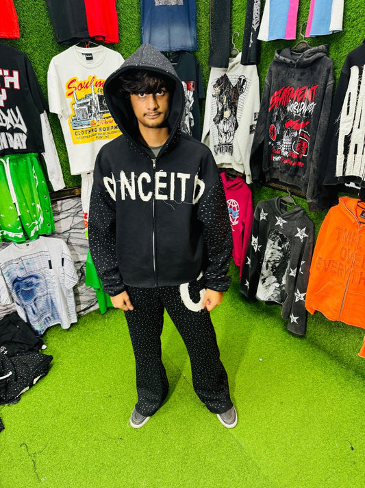 Rhinestones Cutted Bottom Hoodies and Pants