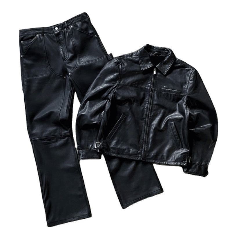 Zip up Leather Jacket and Pu Stacked Flare Pants