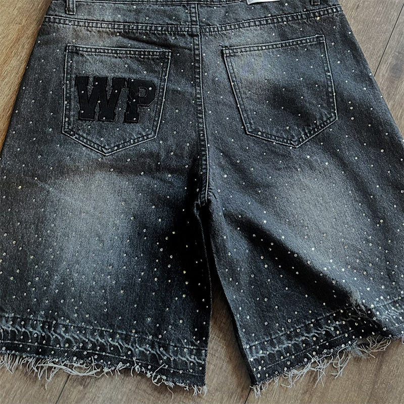 Rhinestone Embroidery Applique Denim Shorts
