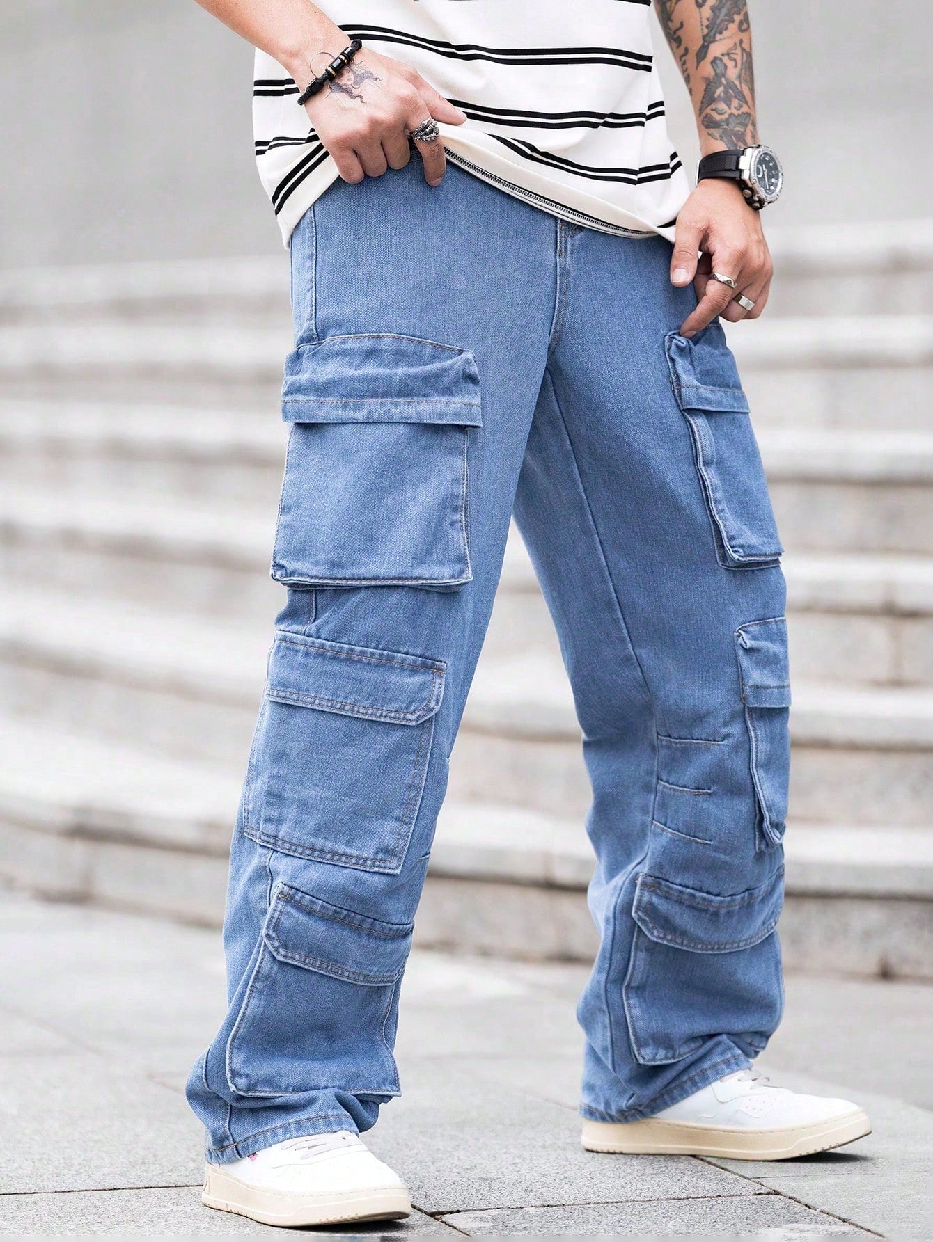 Baggy Pockets Design Men Denim Cargo Pants