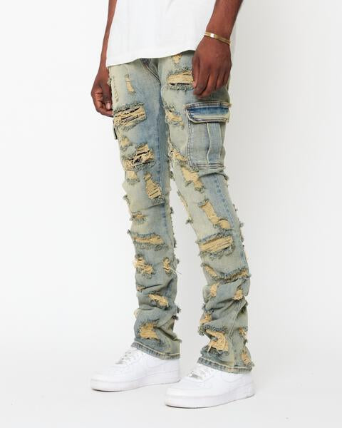 Denim Ripped Men Flared Cargo Pants