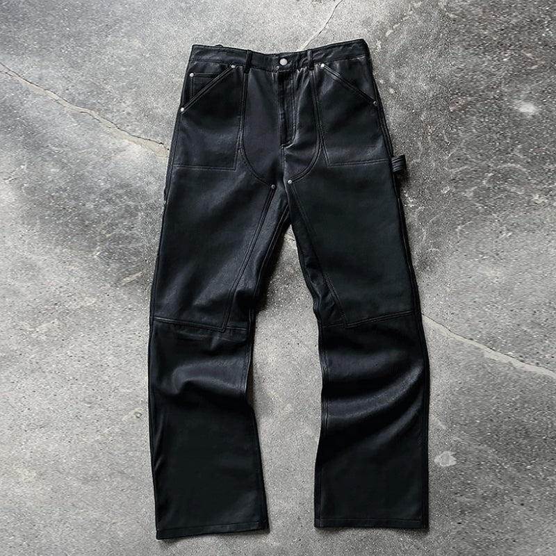 Zip up Leather Jacket and Pu Stacked Flare Pants