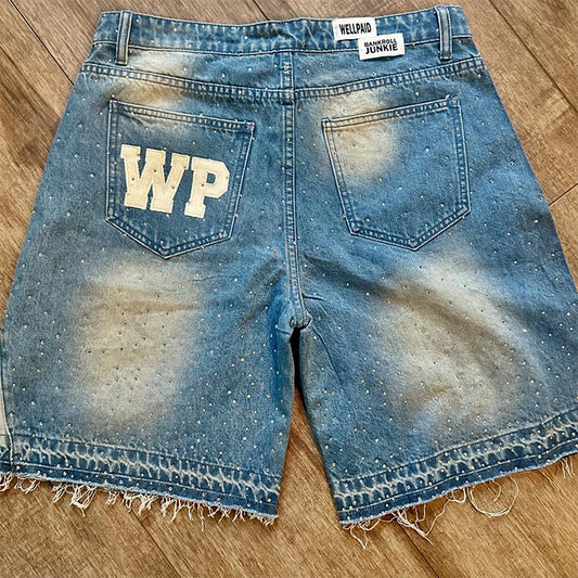 Rhinestone Embroidery Applique Denim Shorts