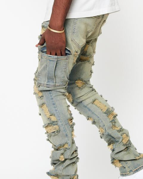 Denim Ripped Men Flared Cargo Pants