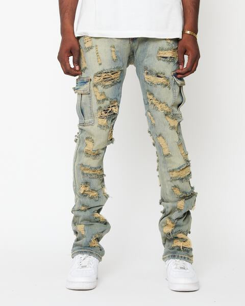 Denim Ripped Men Flared Cargo Pants