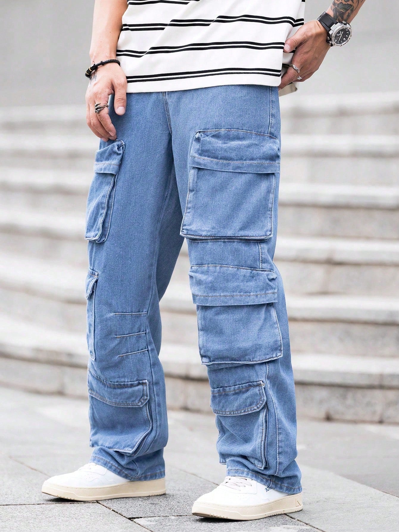 デニム・ジーパン threetimes Ash pocket cargo jeans Salt-Wash Multi-Pocket Denim Cargo Pants