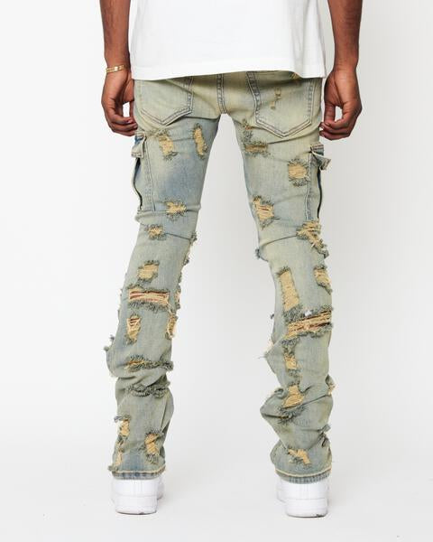 Denim Ripped Men Flared Cargo Pants