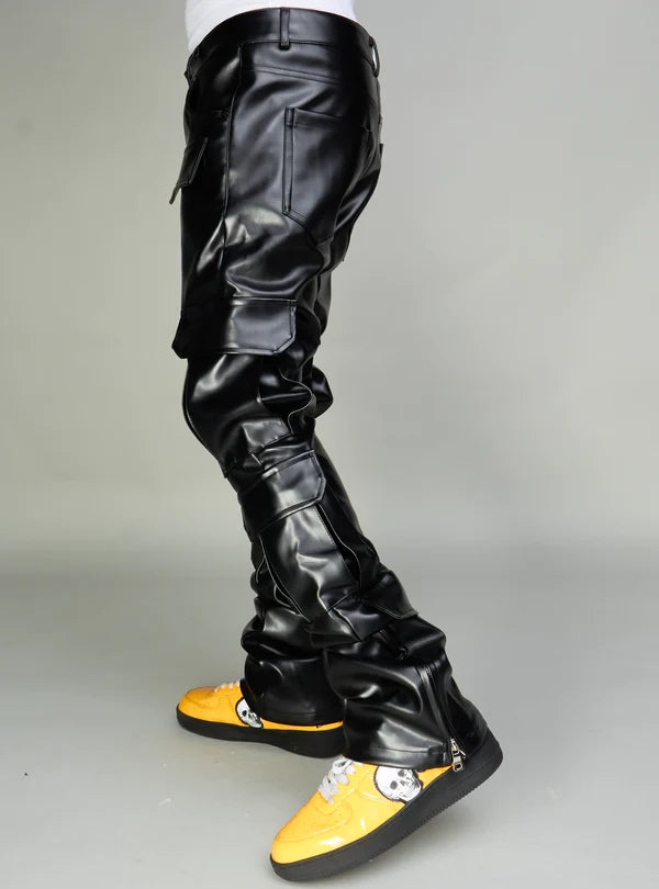 Skinny Stacked Pu Leather Cargo Pants